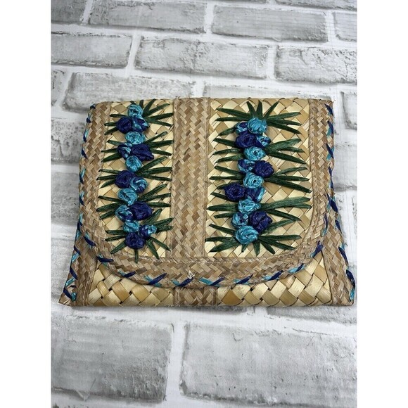 Vintage Straw Embroidered Floral Clutch Handbag Lined Snap Closure - Picture 11 of 12